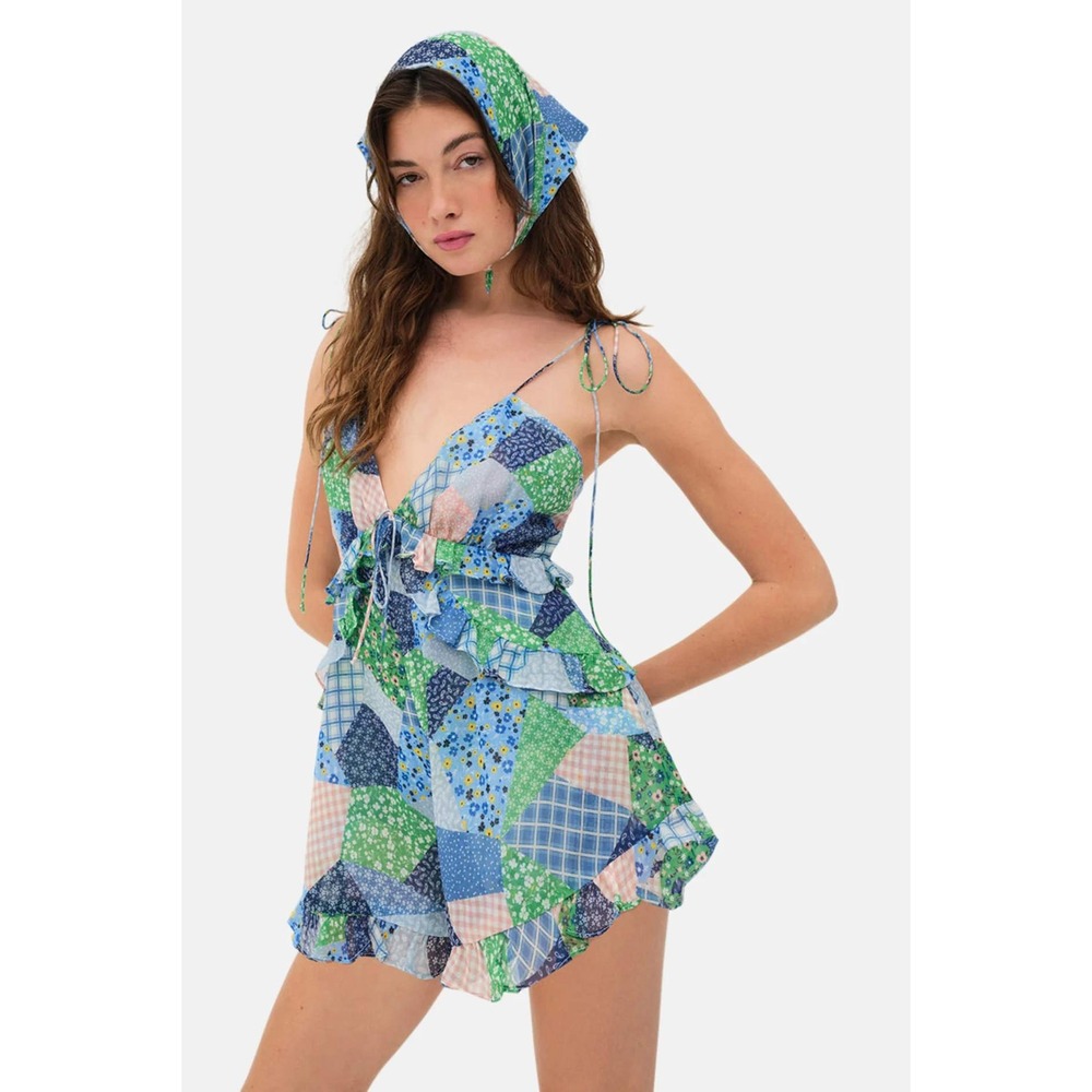 NWT For Love & Lemons Juniper Patchwork Ruffle Romper Blue Women's Size Small